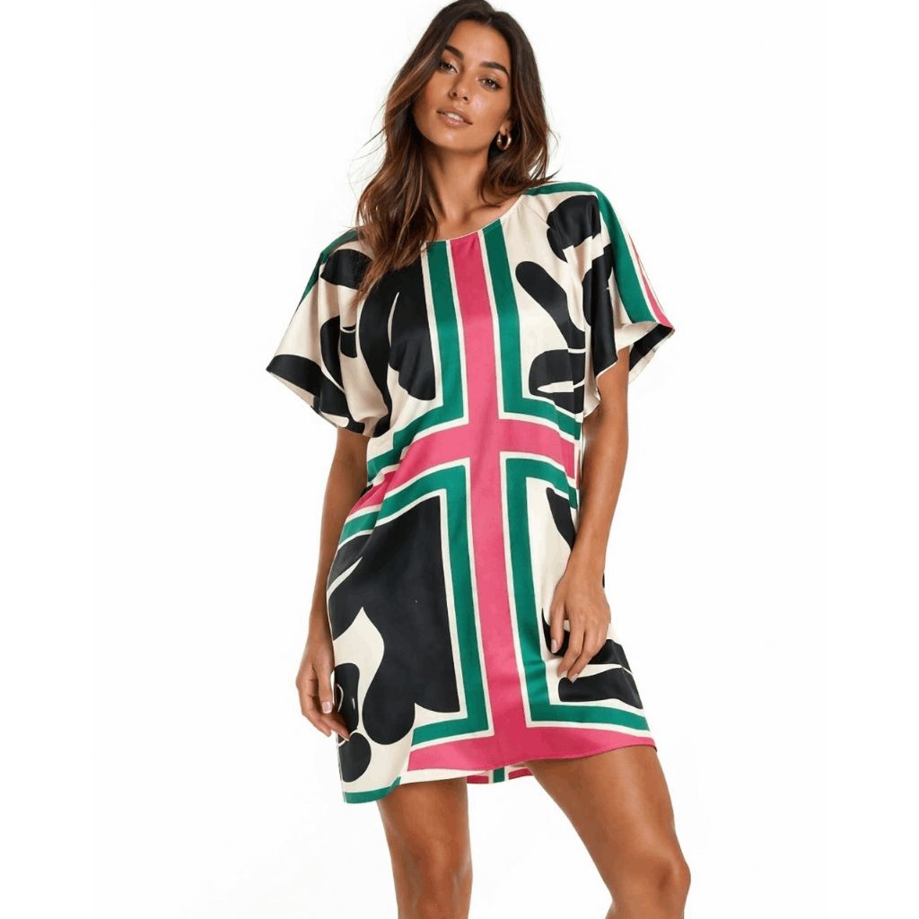 Umgee U.S.A. Women's Magenta & Black Abstract Crewneck Shift Dress L